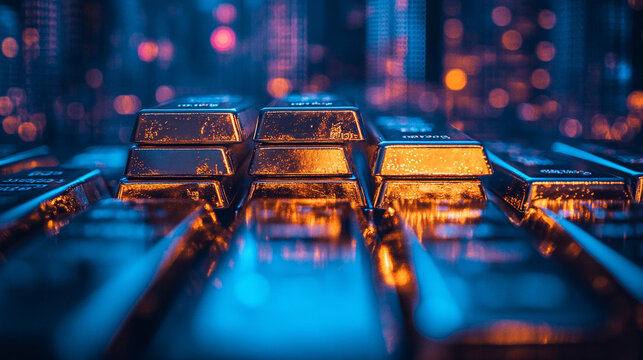 A blurred image of stacked gold bars evoking a sense of wealth, luxury, and the elusive pursuit of success amidst chaotic surroundings symbolizing stability in a world of uncertainty

