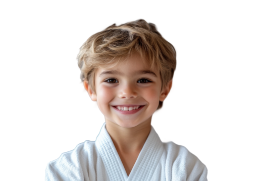 Smiling young boy in white martial arts uniform, confident kid in karate gi ready for training, sports and discipline concept isolated on transparent background - Powered by Adobe