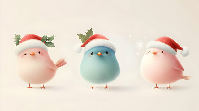 Three cheerful cartoon birds wearing Christmas hats, perfect for festive themes and holiday decorations.