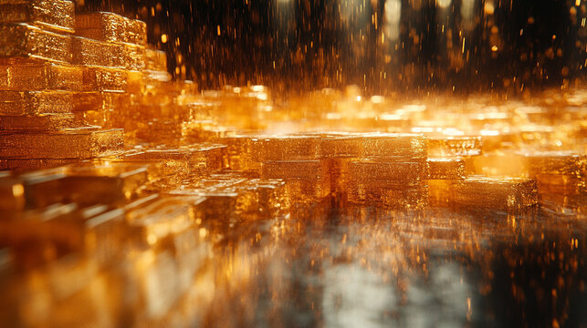 A blurred image of stacked gold bars evoking a sense of wealth, luxury, and the elusive pursuit of success amidst chaotic surroundings symbolizing stability in a world of uncertainty

