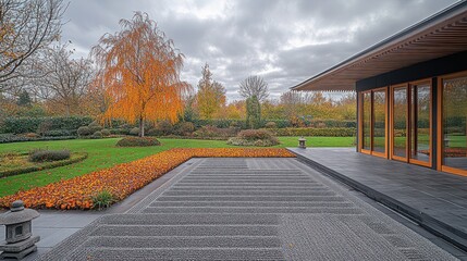 Fototapeta premium Autumnal garden view from modern home patio.