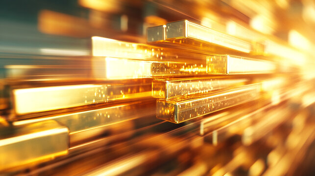 A blurred image of stacked gold bars evoking a sense of wealth, luxury, and the elusive pursuit of success amidst chaotic surroundings symbolizing stability in a world of uncertainty

