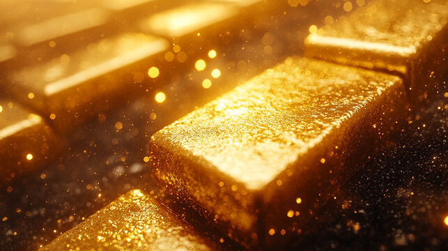 A blurred image of stacked gold bars evoking a sense of wealth, luxury, and the elusive pursuit of success amidst chaotic surroundings symbolizing stability in a world of uncertainty

