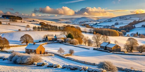 Picturesque winter farmhouse nestled in a snowy landscape; serene countryside photography.