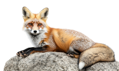 Red fox lying gracefully on a large rock, detailed fur, bushy tail, calm expression, nature, wildlife, and outdoor scene isolated on transparent background