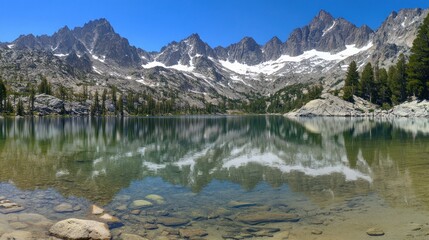 Crystal-clear alpine lake reflecting snow-capped mountains under a vibrant blue sky.