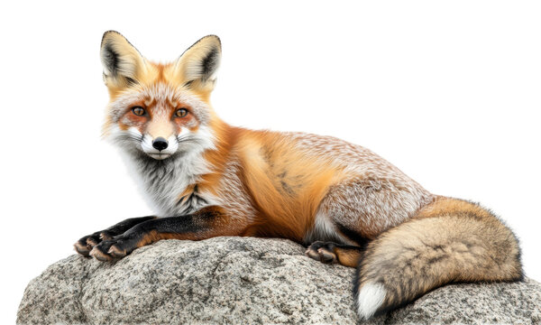 Red fox lying gracefully on a large rock, detailed fur, bushy tail, calm expression, nature, wildlife, and outdoor scene isolated on transparent background