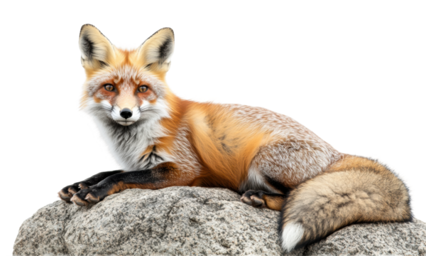 Red fox lying gracefully on a large rock, detailed fur, bushy tail, calm expression, nature, wildlife, and outdoor scene isolated on transparent background