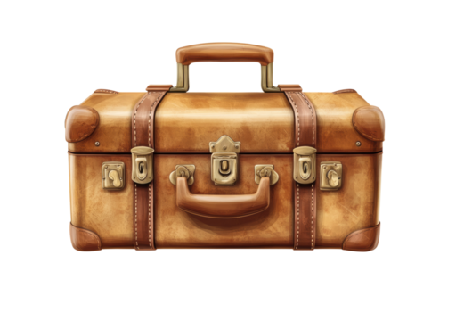 Vintage leather suitcase with brass locks and handle, detailed texture, retro luggage for travel or decor, rustic and classic design isolated on transparent background