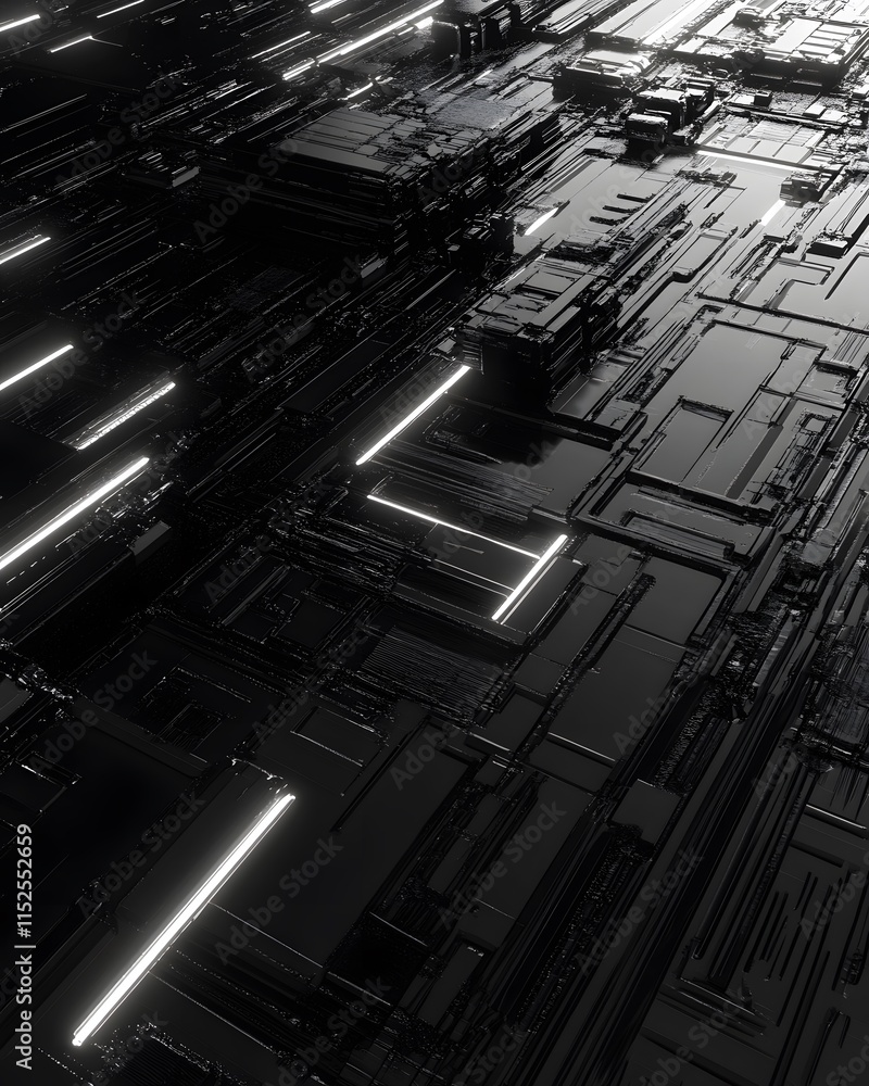 Poster abstract 3d render: black metallic surface with linear lighting