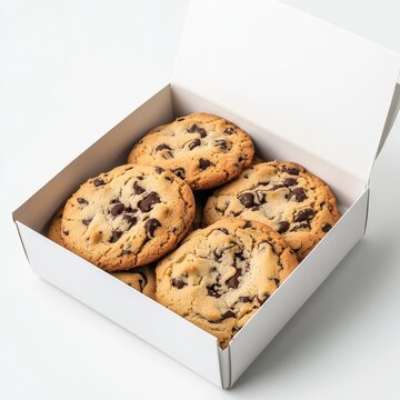 A box of cookies with a pure white background, realistics style