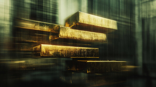 A blurred image of stacked gold bars evoking a sense of wealth, luxury, and the elusive pursuit of success amidst chaotic surroundings symbolizing stability in a world of uncertainty

