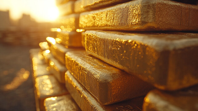 A blurred image of stacked gold bars evoking a sense of wealth, luxury, and the elusive pursuit of success amidst chaotic surroundings symbolizing stability in a world of uncertainty

