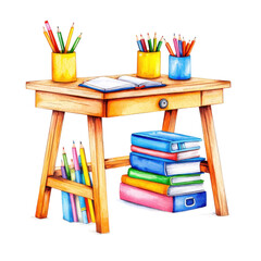 Fototapeta premium Wooden School Desk with Scattered Books and Supplies