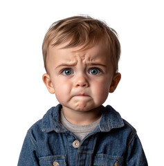Cute toddler with expressive face, wearing denim jacket, adorable child portrait with emotional expression, innocence and charm isolated on transparent background