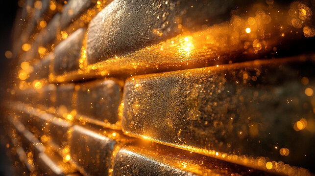 A blurred image of stacked gold bars evoking a sense of wealth, luxury, and the elusive pursuit of success amidst chaotic surroundings symbolizing stability in a world of uncertainty

