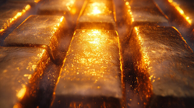 A blurred image of stacked gold bars evoking a sense of wealth, luxury, and the elusive pursuit of success amidst chaotic surroundings symbolizing stability in a world of uncertainty

