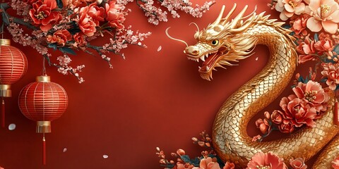 Obraz premium A majestic golden dragon coils with red lanterns and cherry blossoms, creating a festive atmosphere for Lunar New Year celebrations, perfect for marketing and design.
