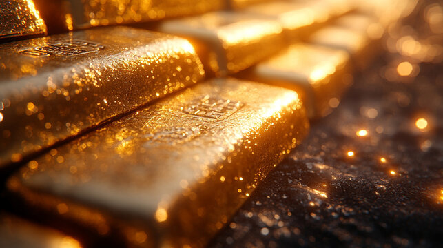 A blurred image of stacked gold bars evoking a sense of wealth, luxury, and the elusive pursuit of success amidst chaotic surroundings symbolizing stability in a world of uncertainty

