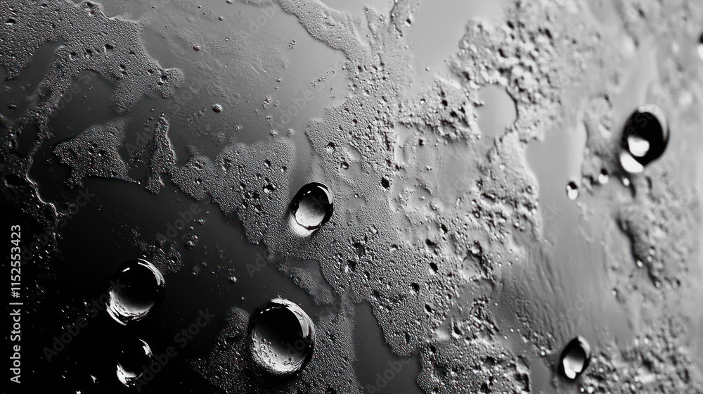 Poster abstract grayscale macro of water droplets on a textured surface.