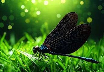 Stunning Damselfly on Lush Green Grass, Nature Photography