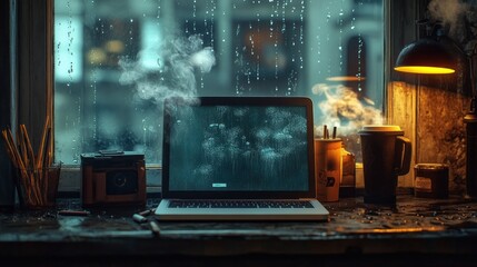 A rainy-day workspace, a laptop with raindrops visible on the window behind, a steaming espresso, and a smoldering cigarette, melancholic and reflective mood 