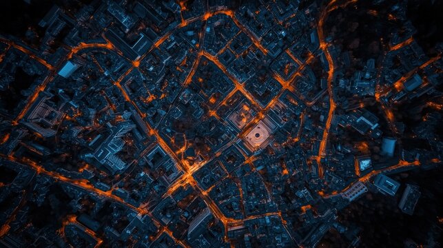 Aerial night view of city streets and buildings.