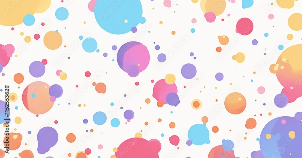 Poster polka dot pattern with various sizes and colors arranged across a white background