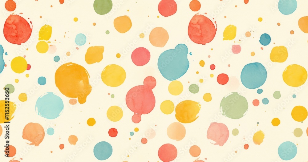 Poster polka dot pattern with various sizes and colors arranged across a white background
