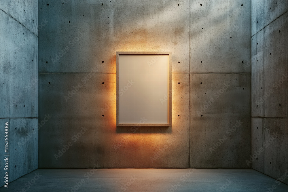 Poster empty gallery with blank frame on concrete wall, showcasing minimalism generative ai