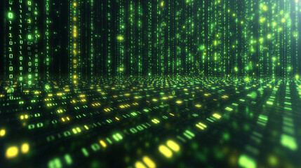 A vibrant digital background of green and yellow binary data streams representing the chaotic and dynamic flow of information, symbolizing technology, progress, and the digital world.

