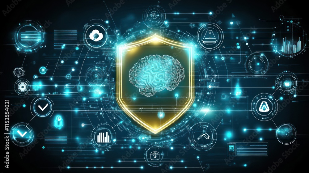 Aufkleber digital shield protecting ai brain, data security concept.