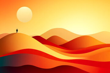 A vibrant landscape featuring rolling hills under a bright sun, showcasing warm colors of red, orange, and yellow.