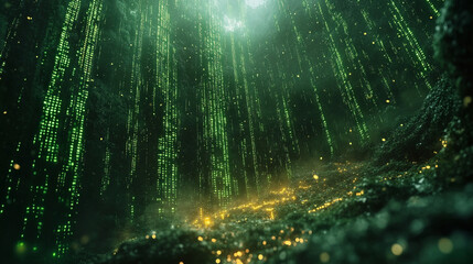 A vibrant digital background of green and yellow binary data streams representing the chaotic and dynamic flow of information, symbolizing technology, progress, and the digital world.

