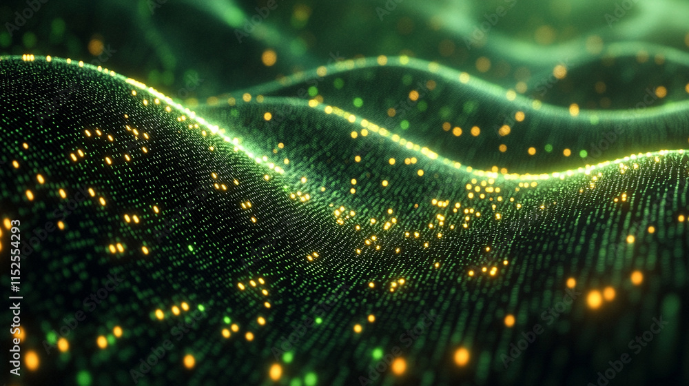 Poster a vibrant digital background of green and yellow binary data streams representing the chaotic and dy