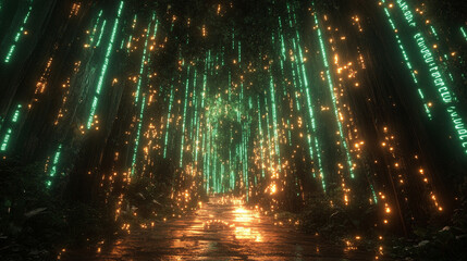 A vibrant digital background of green and yellow binary data streams representing the chaotic and dynamic flow of information, symbolizing technology, progress, and the digital world.

