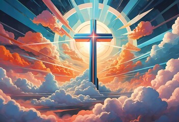 Obraz premium A vibrant cross stands prominently amid colorful clouds, with radiant beams of light shining outward, creating a heavenly atmosphere during a serene moment. Generative AI
