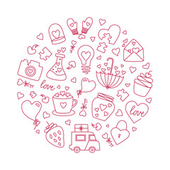 Vector hand drawn of love elements set in round shape. Background. Heart shape icon designs in lines. Hearts, love letter, sweet cakes, strawberry. Romantic symbol. Vector illustration.