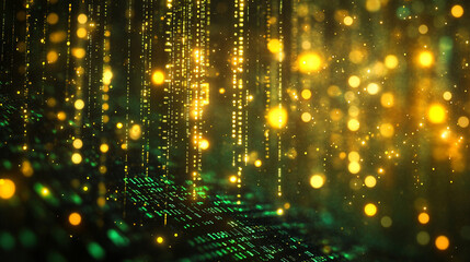 A vibrant digital background of green and yellow binary data streams representing the chaotic and dynamic flow of information, symbolizing technology, progress, and the digital world.

