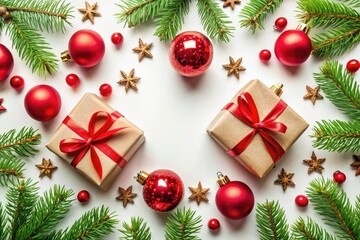 Red baubles and lush fir boughs adorn beautifully wrapped presents, a perfect Christmas flat lay against a pure white backdrop.