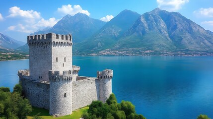 Naklejka premium Ancient Stone Castle Overlooking Serene Lake and Mountains