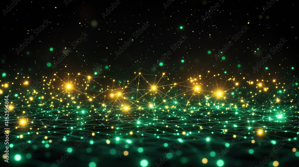 Poster a vibrant digital background of green and yellow binary data streams representing the chaotic and dy