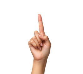 Hand index finger pointing up in a gesture of emphasis. Isolated on transparent background, png.