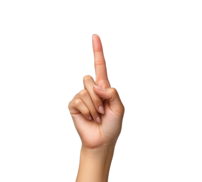 Hand index finger pointing up in a gesture of emphasis. Isolated on transparent background, png.