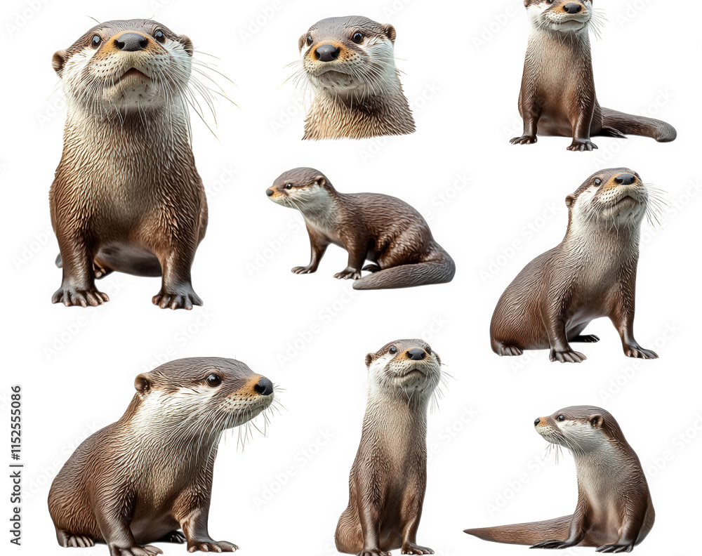 Poster a collection of nine cute otter in various poses. isolated on a transparent background the otter is 