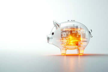 A transparent piggy bank showcases illuminated currency notes, symbolizing savings, investment, and financial growth in a modern context.