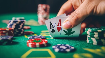 "Poker player revealing cannabis-themed ace cards with colorful chips on green felt table in casino setting."  
