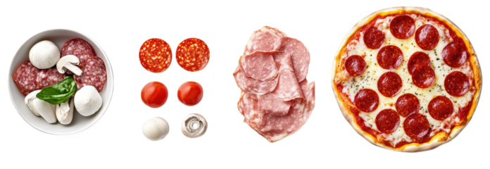 pizza ingredients and the finished product. with salami. mozzarella balls. cherry tomatoes. mushrooms. pepperoni and basil