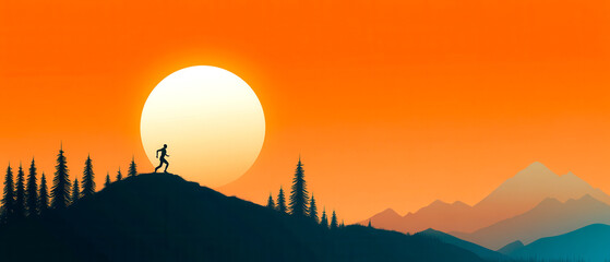 Obraz premium A silhouette of a hiker against a vibrant sunset, surrounded by mountains and forests, creating a serene and adventurous landscape.