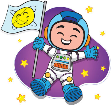 Illustration of a child astronaut in space holding a flag. Ideal for promotional and educational materials